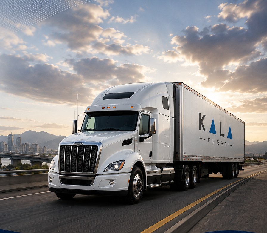 Kala Fleet semi-truck crossing a highway bridge at sunset