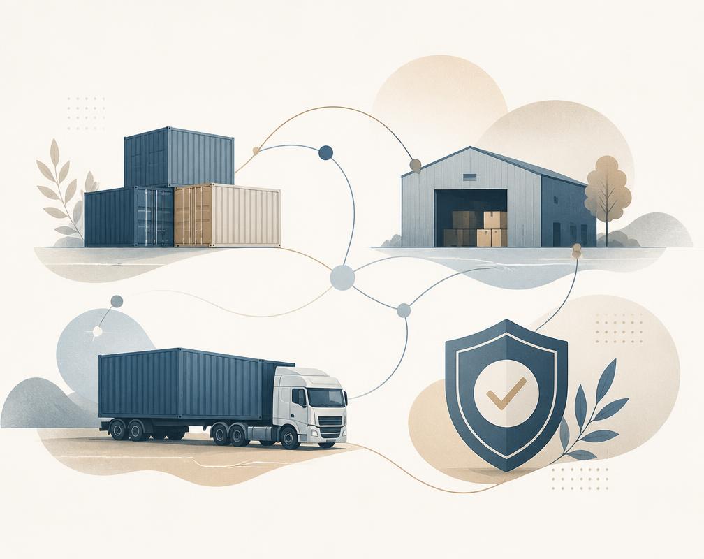 Illustration of a certified logistics partner network with containers, warehouse and cargo trailer